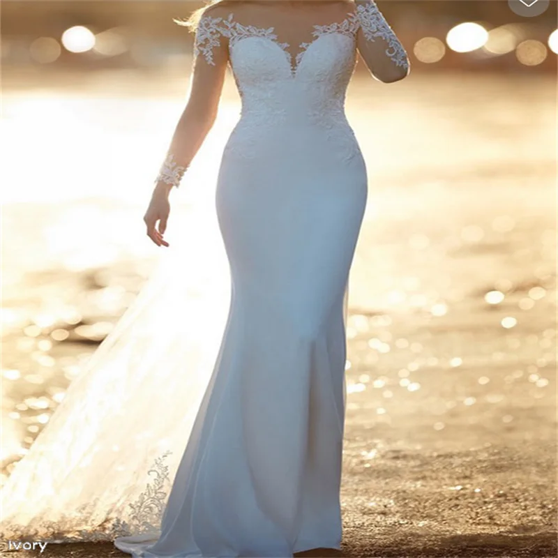 

Mermaid Beach Bridal Dress Plus Size Applique Lace White Wedding Gown for Wedding Sexy Long Sleeve Custom Wedding Dress 2025 New