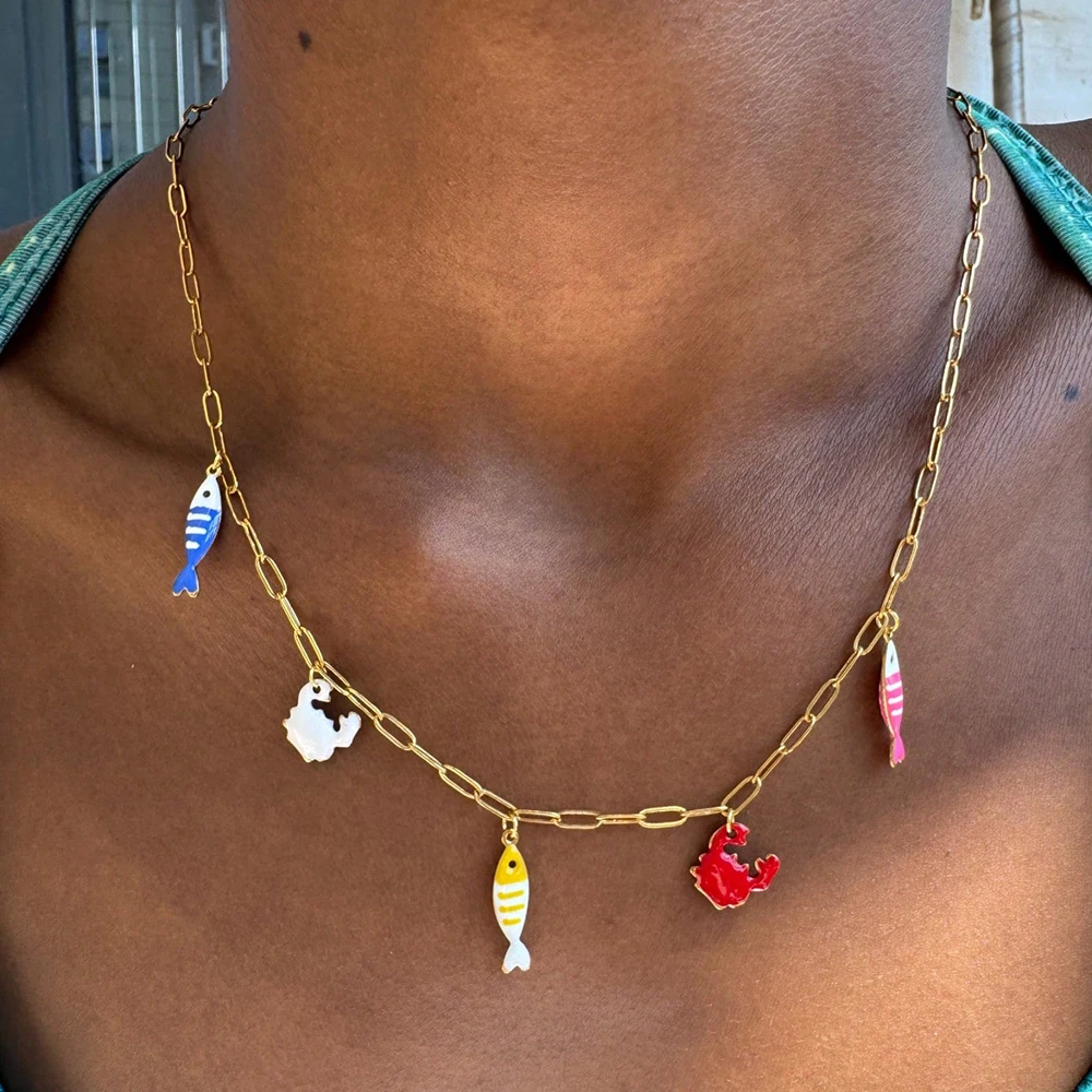 enamel Colorful Multi Element Necklace Summer Style Multi Pendant Stainless Steel diy Fish Crab Clavicle Chain For Women Jewelry