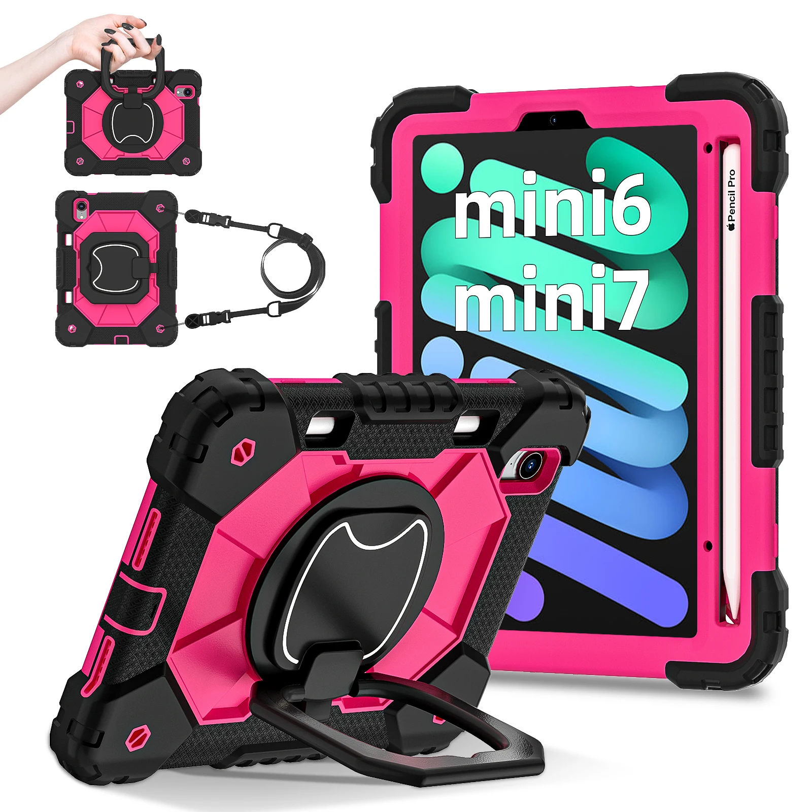 360 Rotating Stand Case Universal For iPad Mini 7 2024 (A17 Pro) 6 2021 8.3inch Heavy Duty Cover With Handle Grip Shoulder Strap