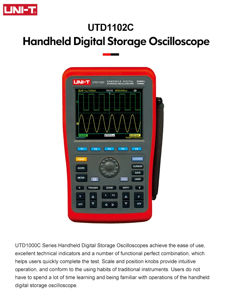 UTD1102C Handheld Digital Storage Oscilloscope 100MHz 2 Channels DC AC Voltage Current Resistance Capacitance Multimeter