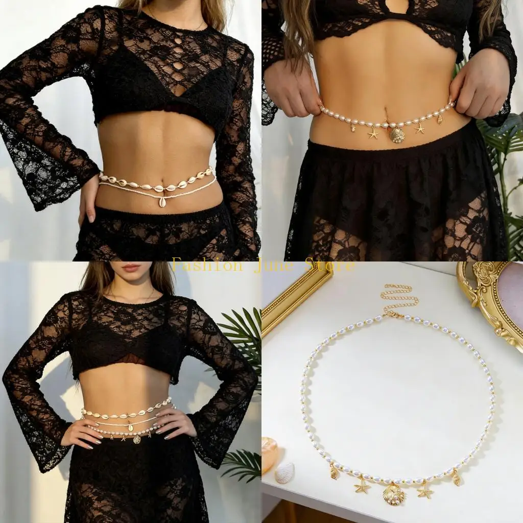 N5KA Elegant 3Pcs Zinc Alloy Waist Chains With Shell And Conch Design Navel Accessory