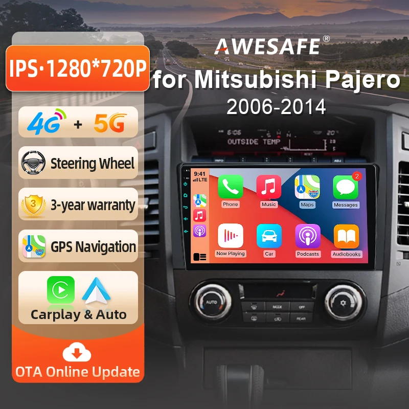 Autoradio Android AWESAFE 9 pouces pour Mitsubishi Pajero V80/V90 2006-2014, CarPlay sans fil et Android Auto, navigation GPS, support multimédia, commande au volant, amplificateur de subwoofer, caméra arrière, prise EU, Plug and Play, DAB+, autoradio numérique 2 DIN, stéréo RDS BT