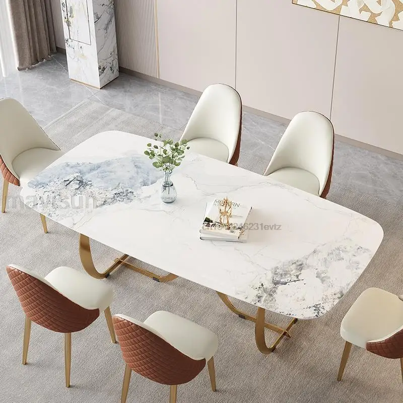 European Style White Marble Stone Top Design Dining Table Modern Minimalist Rectangular High-end Glossy Table Golden Furniture