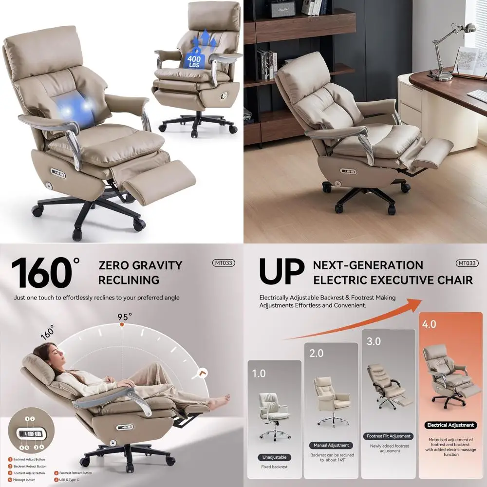 

Эргономичное компьютерное кресло с высокой спинкой, подставкой для ног, электрорегулировкой наклона, массажем и колесиками - натуральная кожа светло-хаки