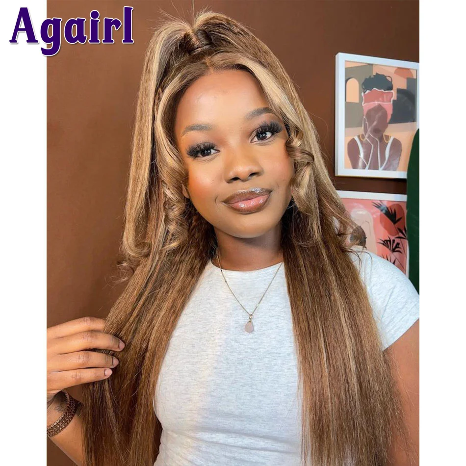 Highlight Brown Blonde Kinky Straight Ready Go 13X4 Lace Frontal Human Hair Wigs For Women Highlight 4/27 Yaki Straight 5X5 Wigs