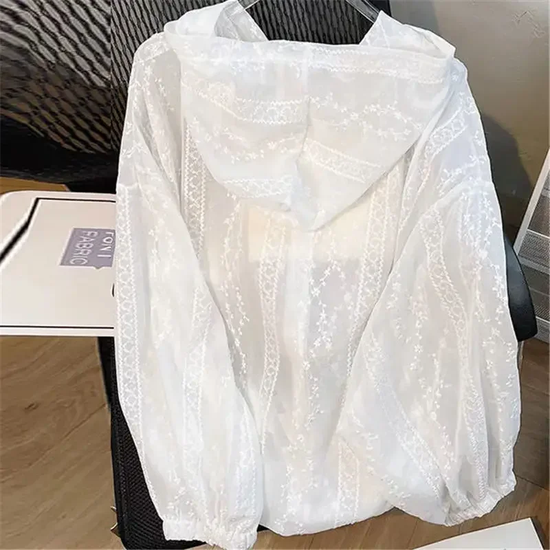 

Hooded Sun-proof Shirts for Women Hook Flower Hollow White Long Sleeve Elegant Casual Korean Version Females Retro New Stylish