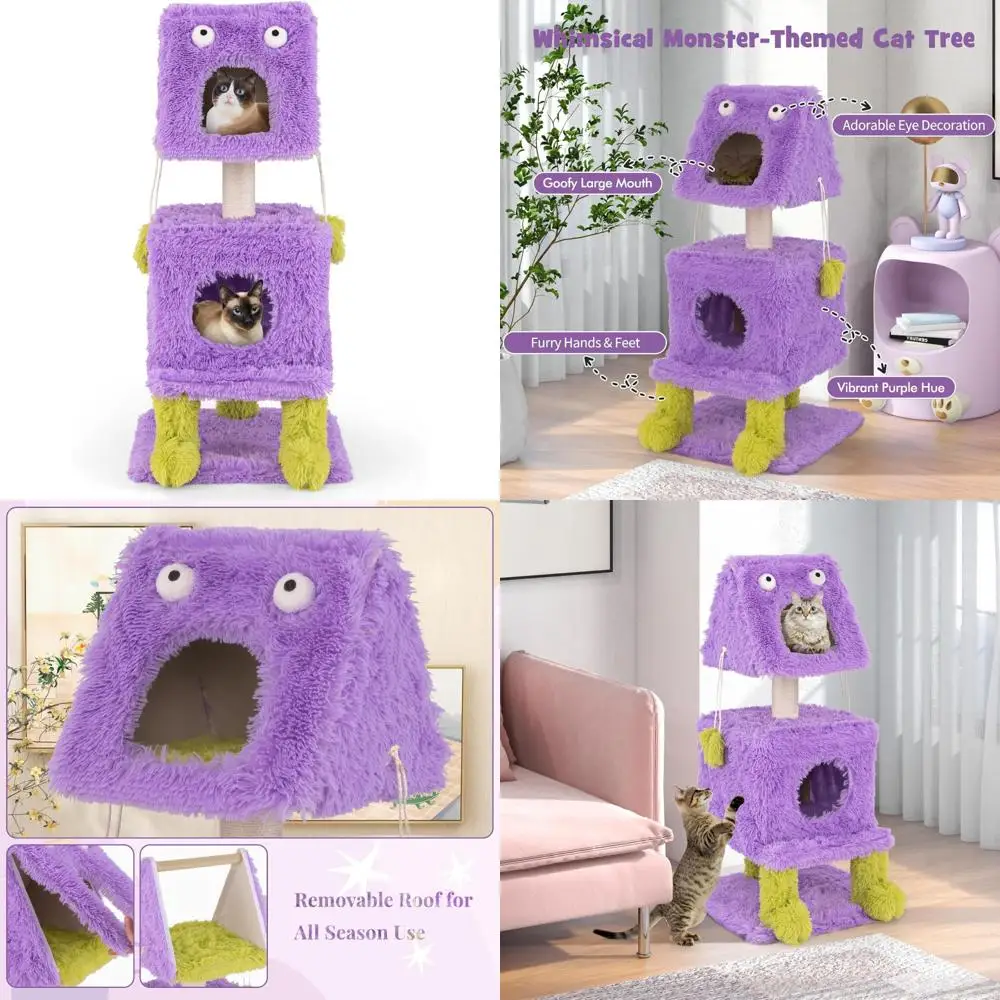 

3-Tier Monster-Themed Cat Tower with 2 Enclosed Condos, Sisal Scratching Posts, and Hanging Toys