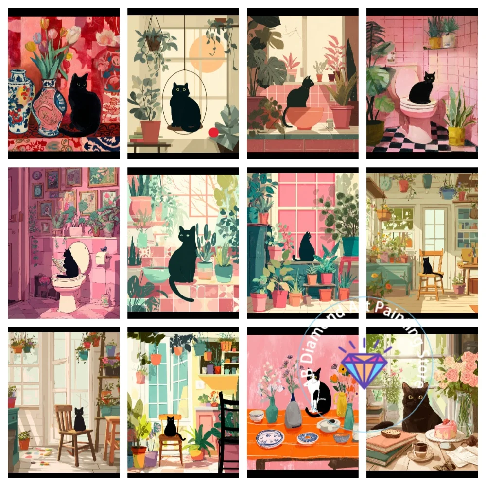 

Animal Black Cat Illustration AB Diamond Painting Kit Square Round Diamond 5D DIY Mosaic Handmade Art Exquisite Gift Home Decor