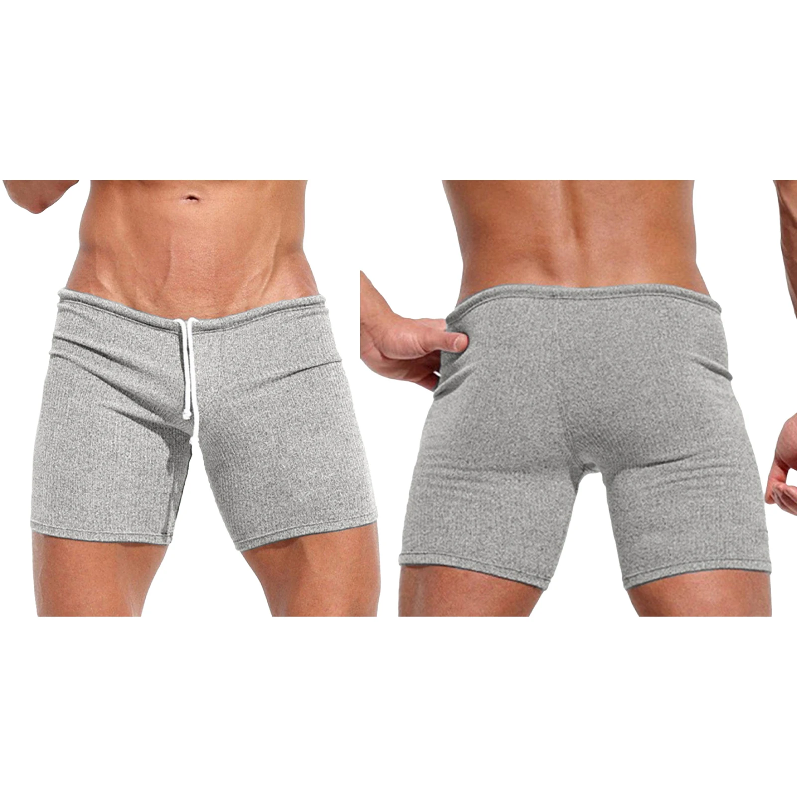 Men Elastic Waist Ribbed Shorts Drawstring Solid Color Breathable Lightweight Stretchy for Fitness Gym Running Daily Wear