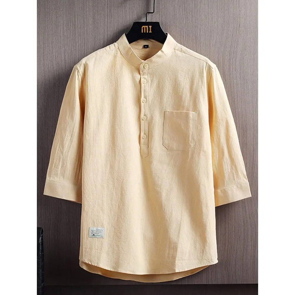 

Loose Fit Linen irt Men's Stand Collar Casual Seven Sve Cotton Linen Material 7/8 Length Pure Cotton Outerwear