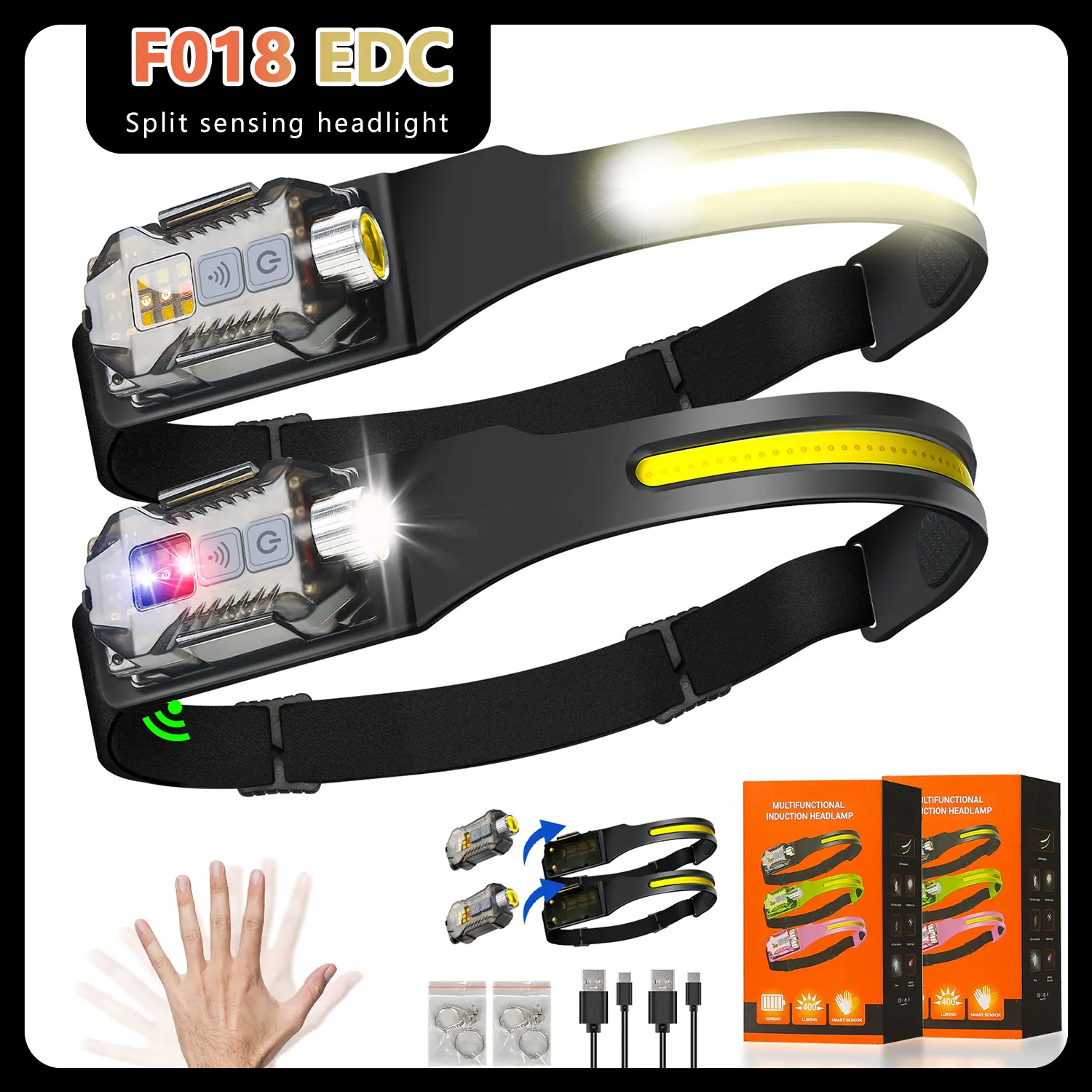 

Rechargeable Headlamp, Powerful Headlight Flashlight Combo, Motion Sensor Front Light With Soft Flood For Work & Camping
