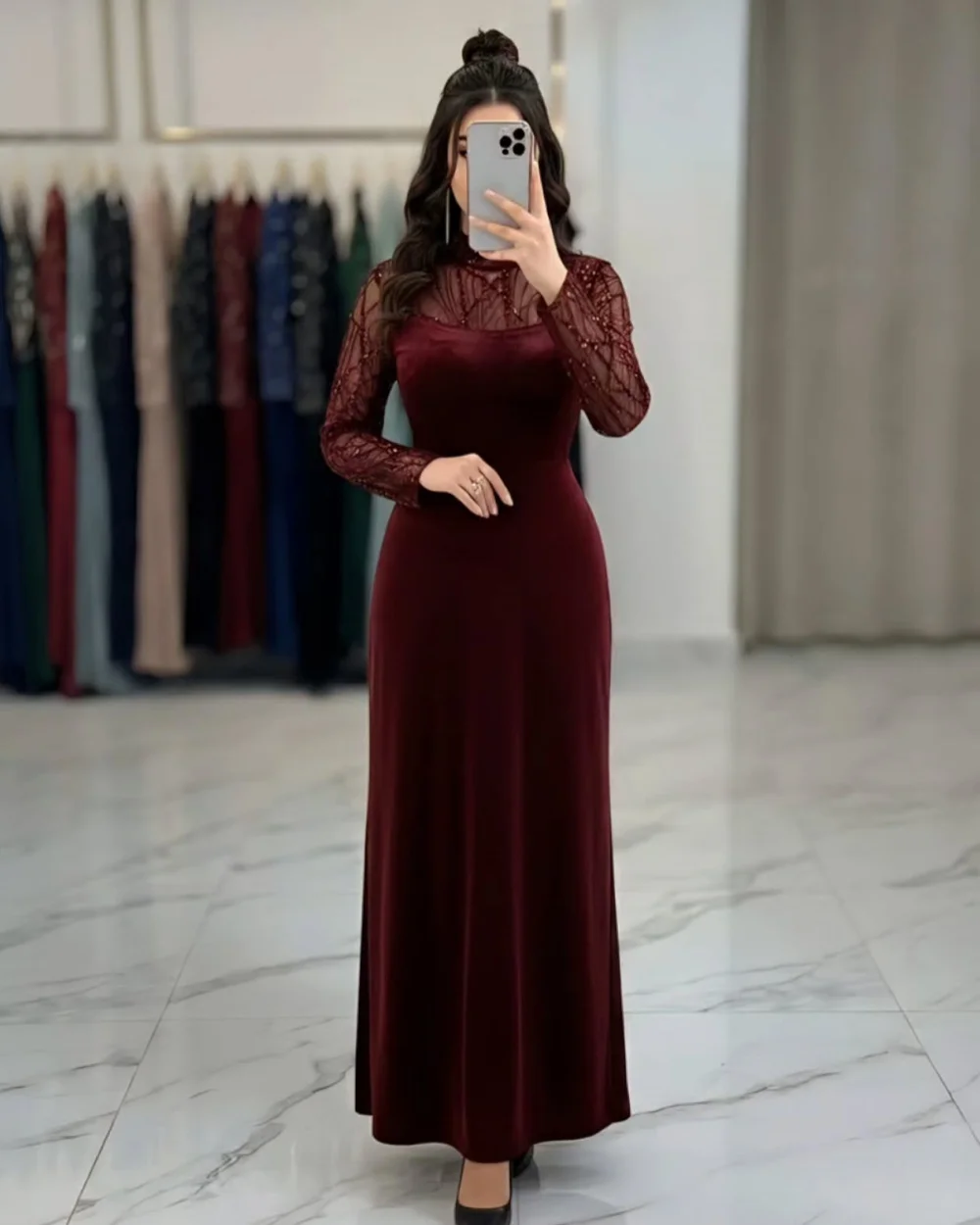 

Customized Fashion Women Jersey Beading Ruched A-line Evening Dresses Elegant Sexy High Collar Long Sleeves Ankle Length Dresses