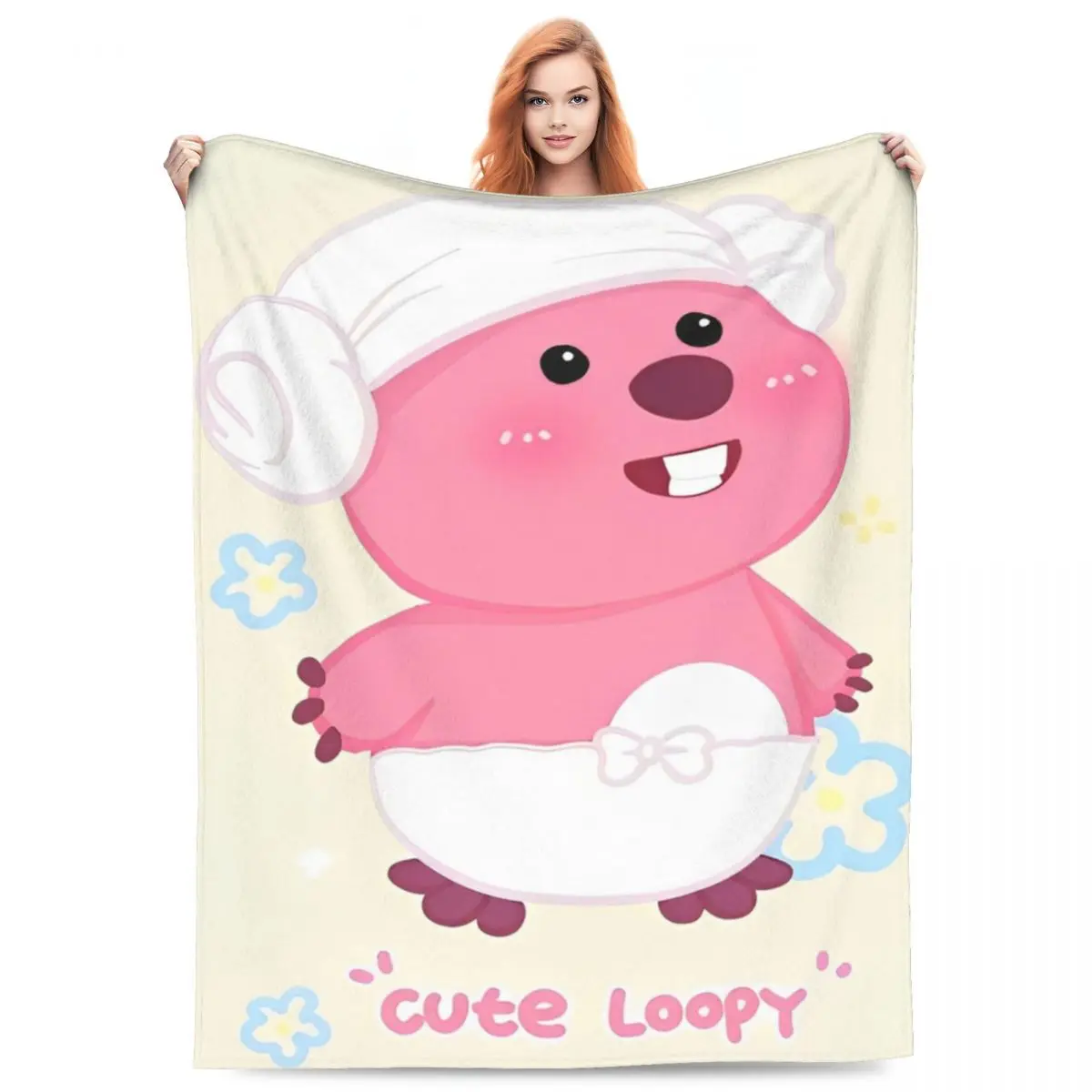 Cute Pink Beaver Loopy Velvet Throw Blankets Pororo Blanket for Bed Couch Ultra-Soft Bedroom Quilt