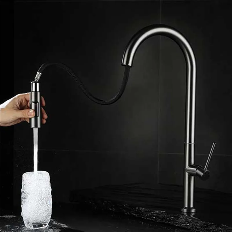 Grey Pull Out Kitchen Faucet Brushed Gold Sink Faucet Mixer Tap 360 degree rotation torneira cozinha mixer taps Kitchen Tap