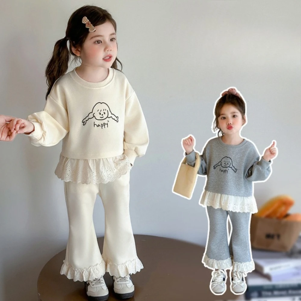 Frühling und Herbst Koreanische Version Plain Mädchen Kleidung Spitze Spleißen kinder Set Langarm Cartoon Gedruckt Top + Hosen – Detail 2