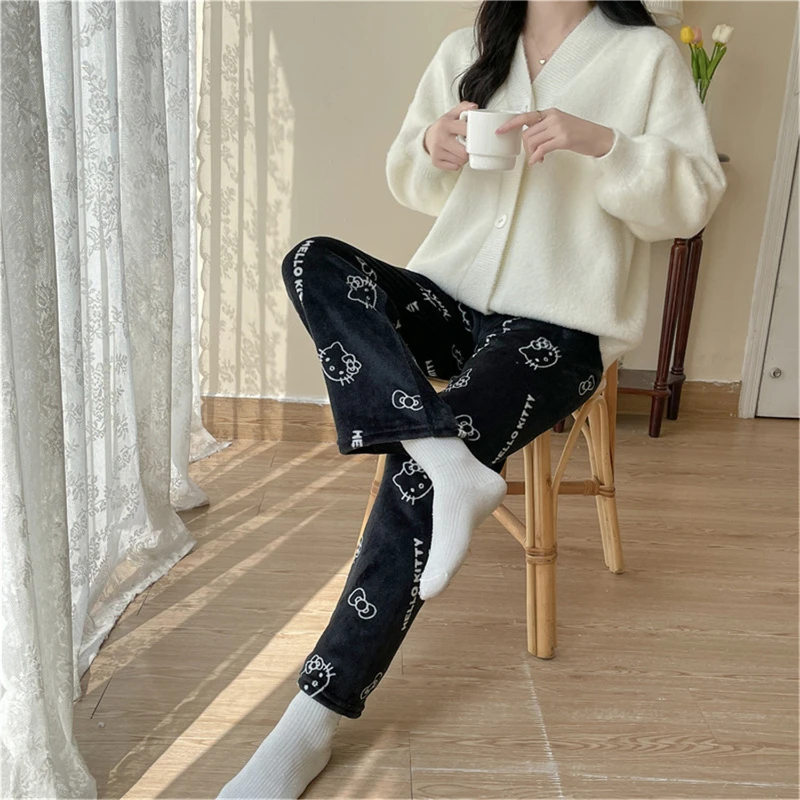 

2024 Spring Kawaii Hello Kitty Hipper Kuromi Pajamas Pants Sanrio Anime Y2k Cartoon Coral Fleece Soft Pyjama Trousers Women Gift