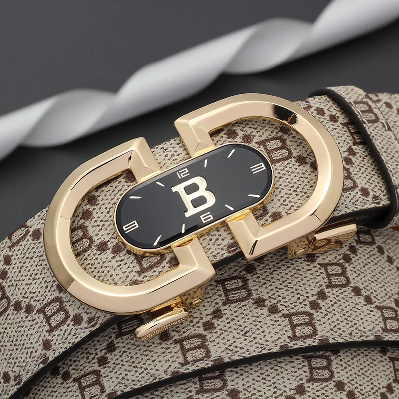Luxury Letter B Auto Buckle Men Belt Vintage Allover Print PU Leather Waistband Business Casual Male Trouser Belt