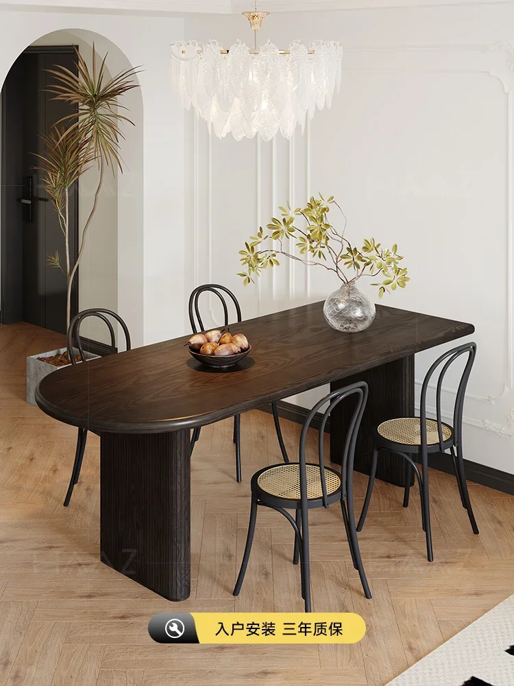 Solid wood semicircular dining table French retro black household small apartment eating against the wall