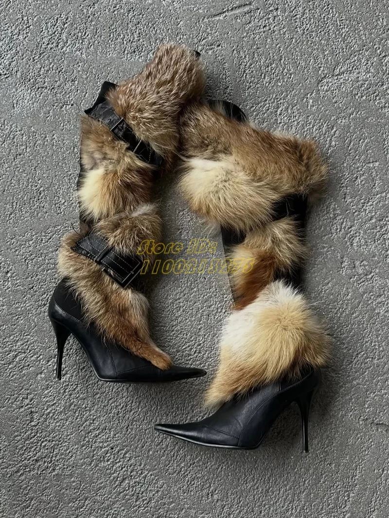

Fur Trimmed Pointed Toe High Heel Boots Belt Strap Sexy Pointy Toe Stiletto Thin High Heel Runway 2026 Winter Women Dress Shoes
