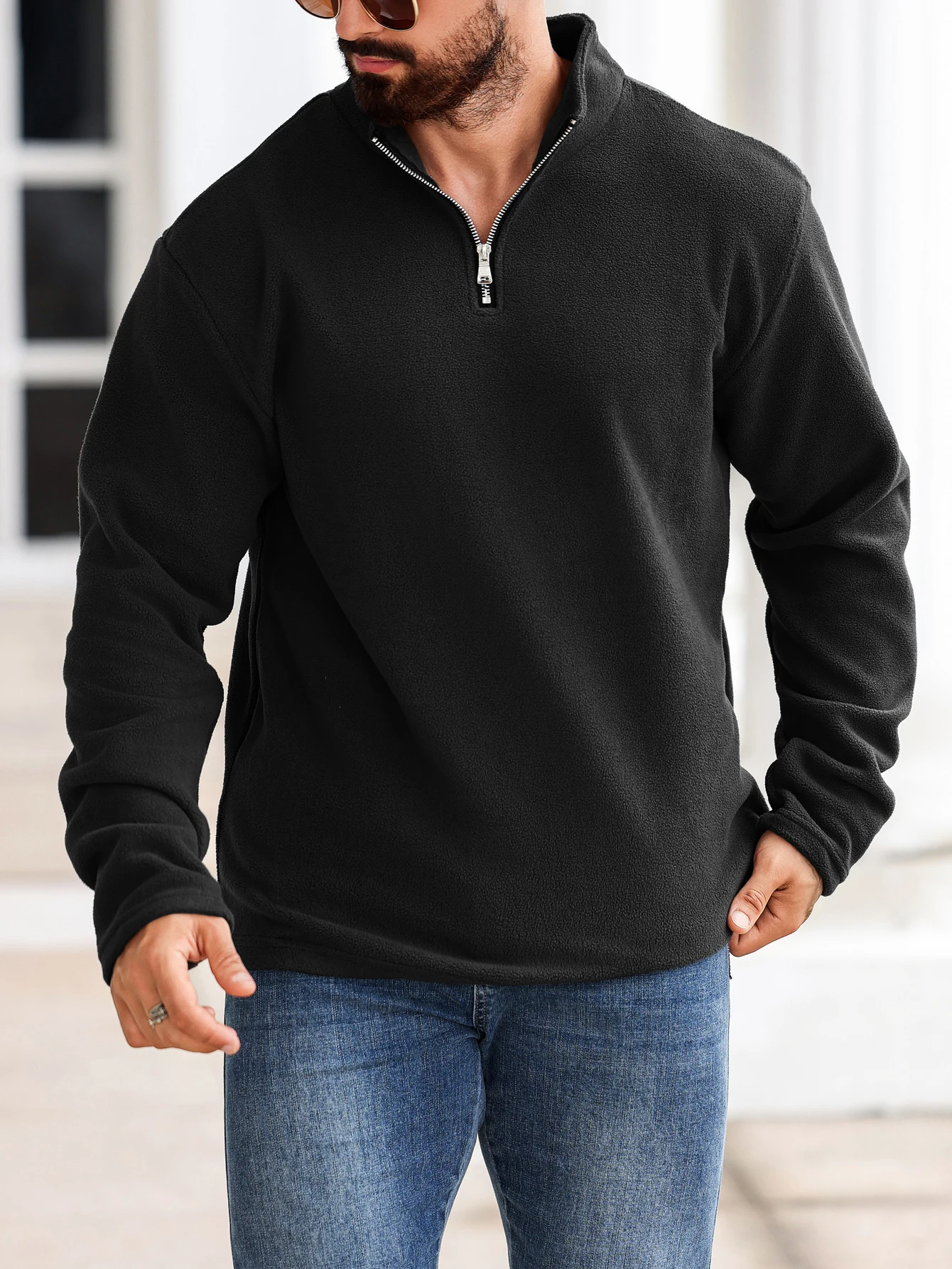 

Men's standing collar solid color blue pullover sweatshirt with zipper collar and long sleeves for daily leisure, business and v