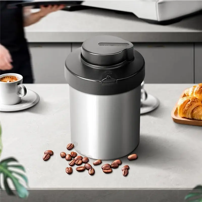 SOFT-Stainless Steel Coffee Bean Storage Canister 44OZ Vacuum Sealed Unidirectional Exhaust Container