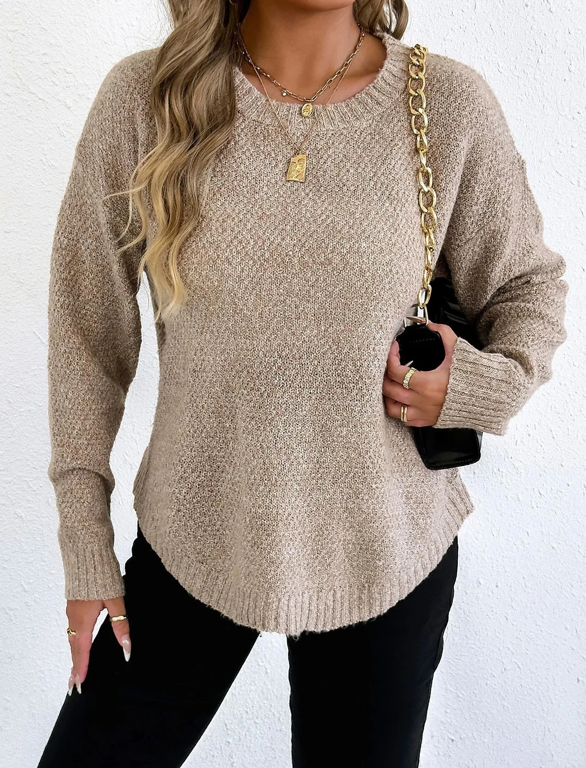 Women Casual Solid Color Round Neck Pullover Sweater Fashion Long Sleeved And Waist Cinched Short Sweaters  Lady Daily Top