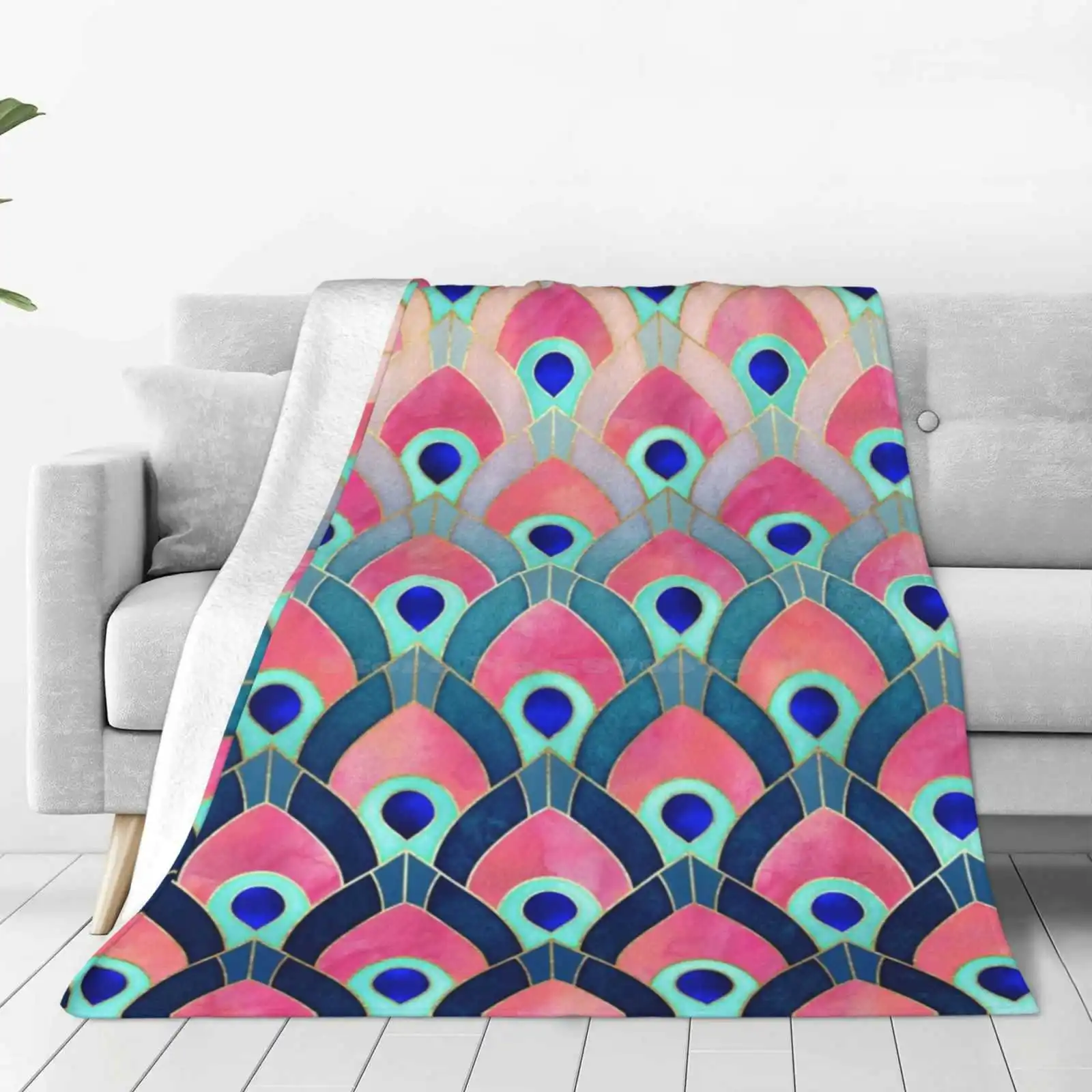 Feathered 1 Soft Warm Throw Blanket Graphic Abstract Pattern Peacock Elegant Fancy Colorful Ornaments