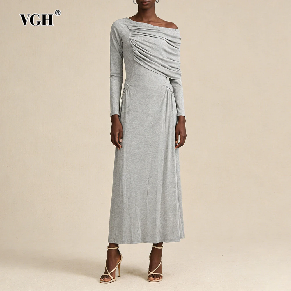 

VGH Temperament Solid Confortable Draped Dresses For Women Diagonal Collar Long Sleeve High Waist Spring Casual Dress Female New