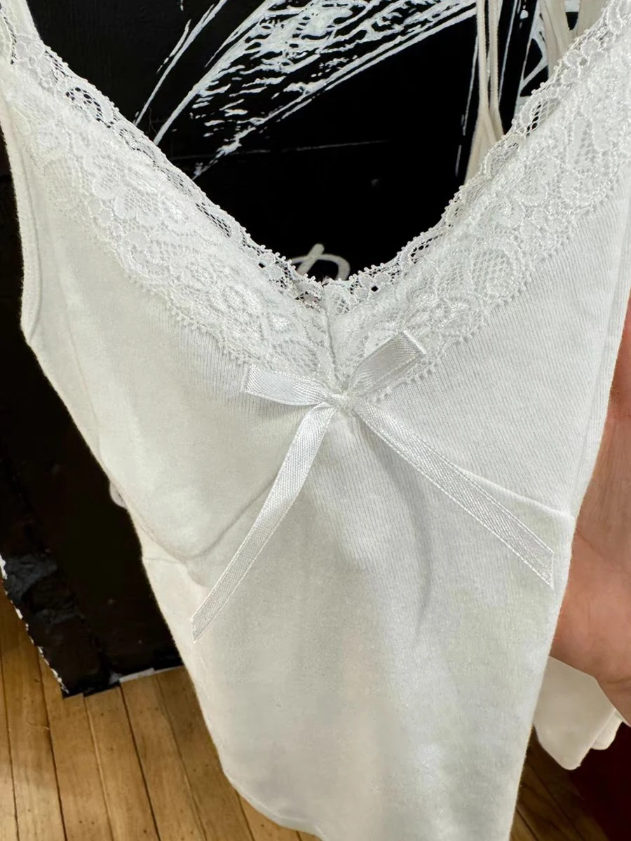 Lace Trim Bow White Crop Top Women Summer Sexy V Neck Cotton Sleeveless Cropped Camis Sweet Cute Preppy Style Slim Tank Tops Y2k