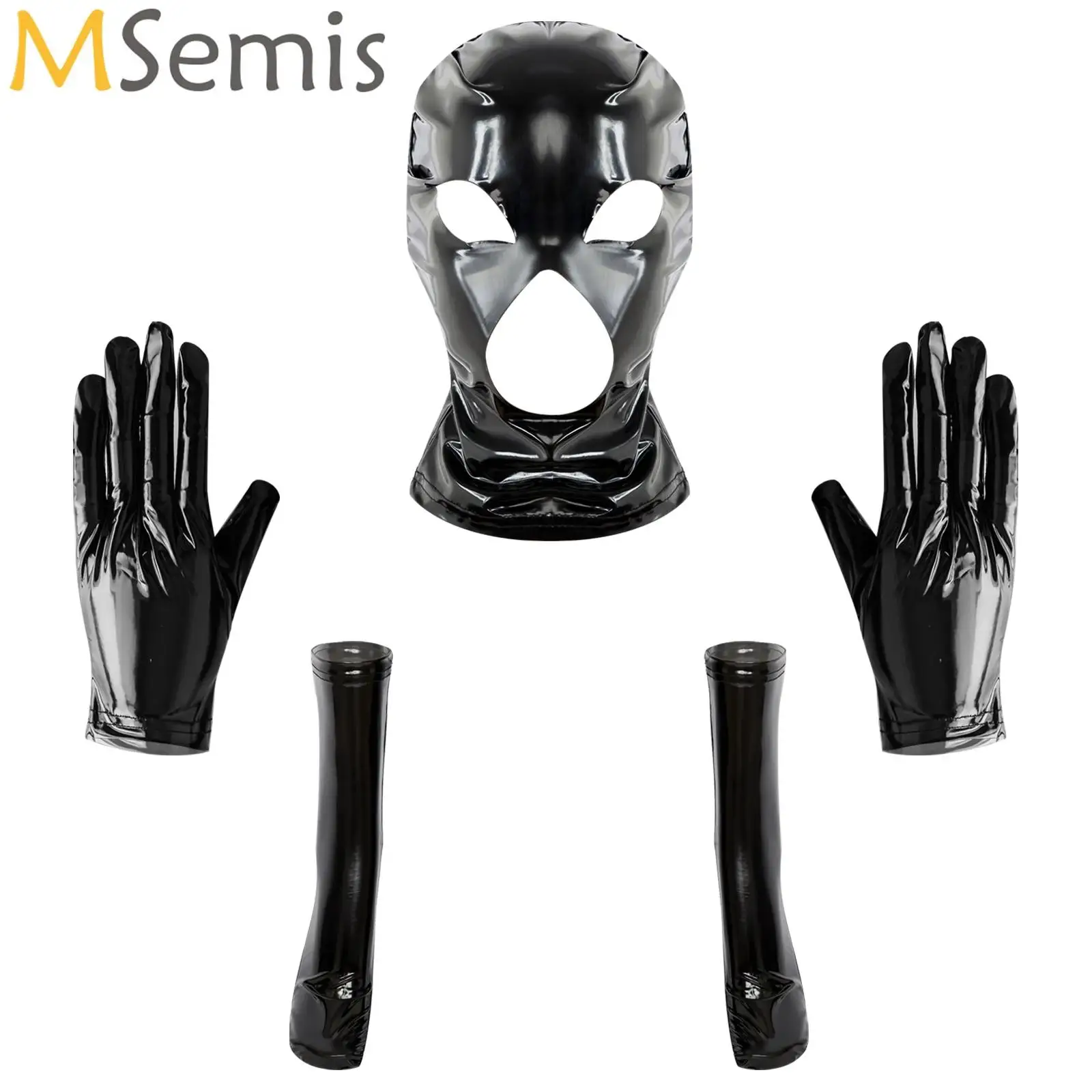 Role Play Hood Mask Gloves Socks 3pcs Set Sexy Latex Open Mouth Eye Mask Full Face Hood Mask Wet Look Club Catsuit Accessories