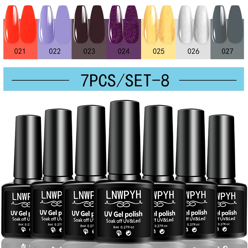 Lnwpyh conjunto de esmalte em gel, 7 cores, primavera verão, cores quentes, kit de gel para arte em unhas, conjunto inteiro de verniz semipermanente