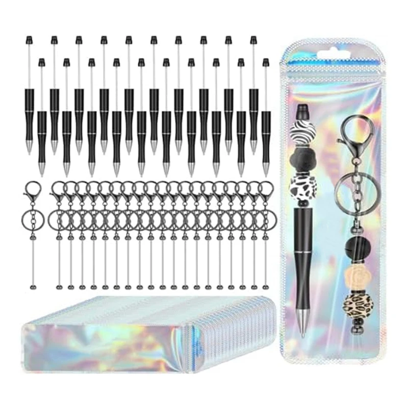 Beadable Pens Kit Black Ink Beadable Pens Beadable Keychain Bar Resealable Pouch Bag For School Thank Office Wedding A Durable