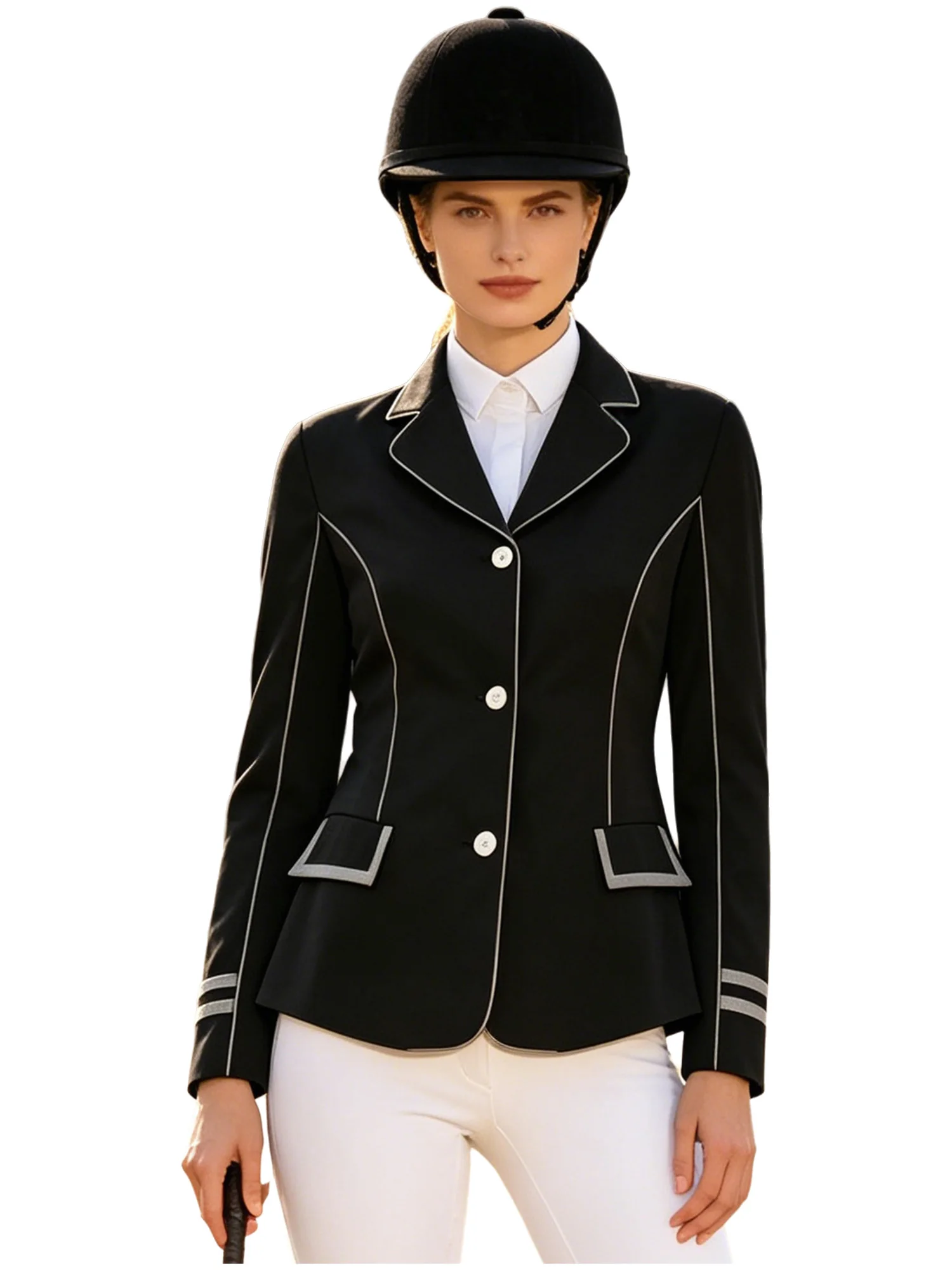 Women Horse Riding Blazer Contrast Trim Lapel Collar Long Sleeve Button Pockets Stretchy Breathable for Equestrian Training