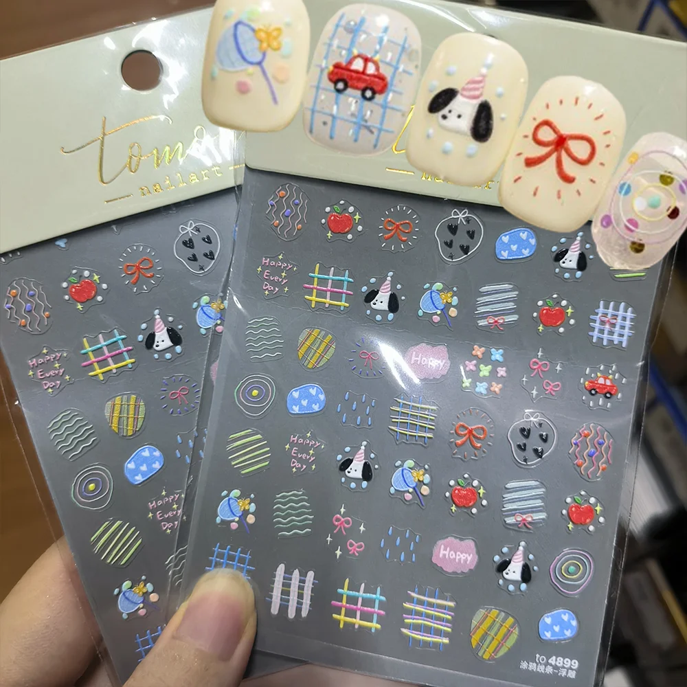 1 pçs 5d graffiti filhote de cachorro arco grade amor arte do prego adesivo dos desenhos animados maçã borboleta coração auto-adesivo slider do prego diy manicure decalque