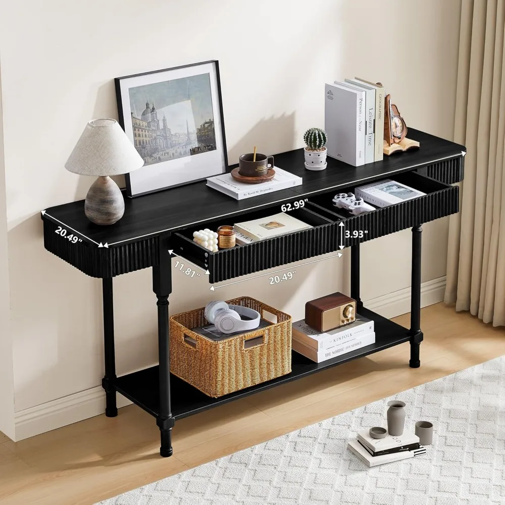 Sturdy 63'' Fluted Console Table with 2 Drawers, 2-Tier Long Entryway Tables with Open Storage, Wooden Narrow Sofa Table Behind