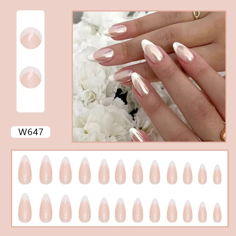 24 Pcs Aurora French Summer Nails Beauty Sweet and Gentle Round Head false nails press on Almond Nail Short Nails Press On ﻿