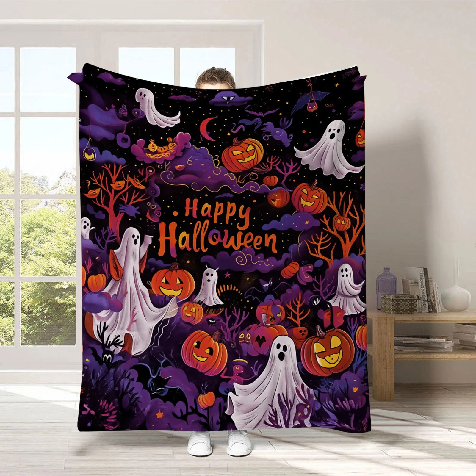 Gruselige schwarze Halloween-Flanelldecke mit Geistern, weiche Universaldecke, multifunktionale Dekorationsdecke, Weihnachtsgeschenk – Detail 7