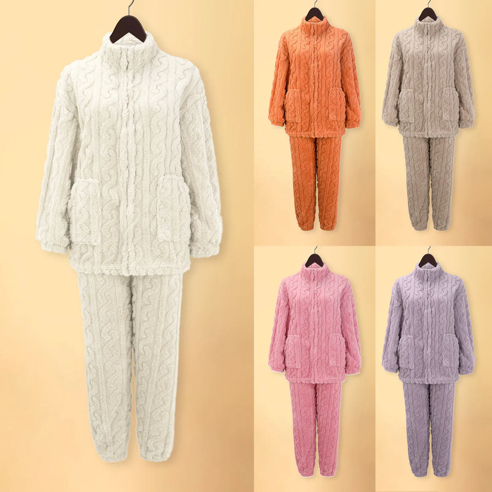 Jacquard Weave Velvet Pajamas Set 2 Piece Zip-Up Coat Top & Long Elastic Pant Winter Warm Cotton Loungewear Outfis Soft Homewear