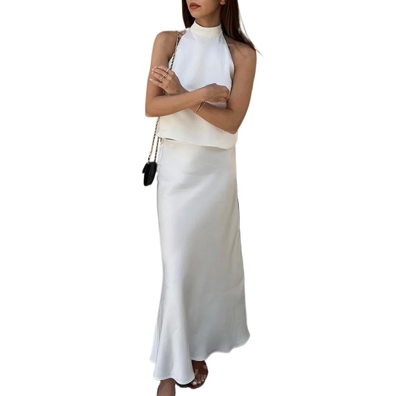 

2025 Spring and Summer French Halter Neck Vest High Waist Acetic Acid Satin Dress Women's Two-piece Suit
