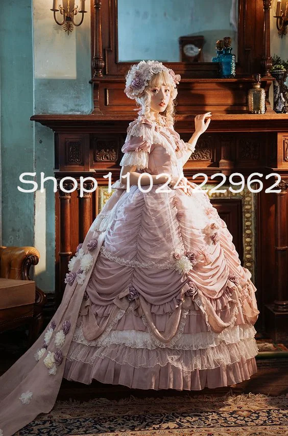 Vestidos de fiesta hinchados de rosa romántica, rosa pálido, falda con volantes fruncidos, apliques de Lolita OP, vestido de noche victoriano para Cosplay personalizado