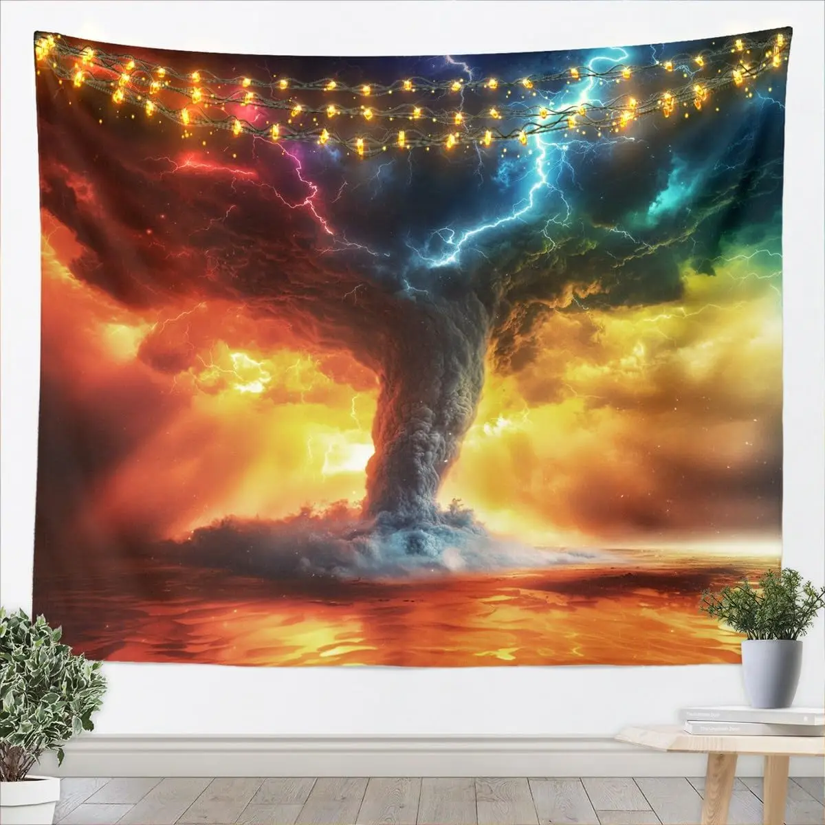 Storm Tornado Tapestry, Dramatic Twisting Tornado with Vibrant Lightning and Fiery Clouds Over Desert Print Wall Hanging for