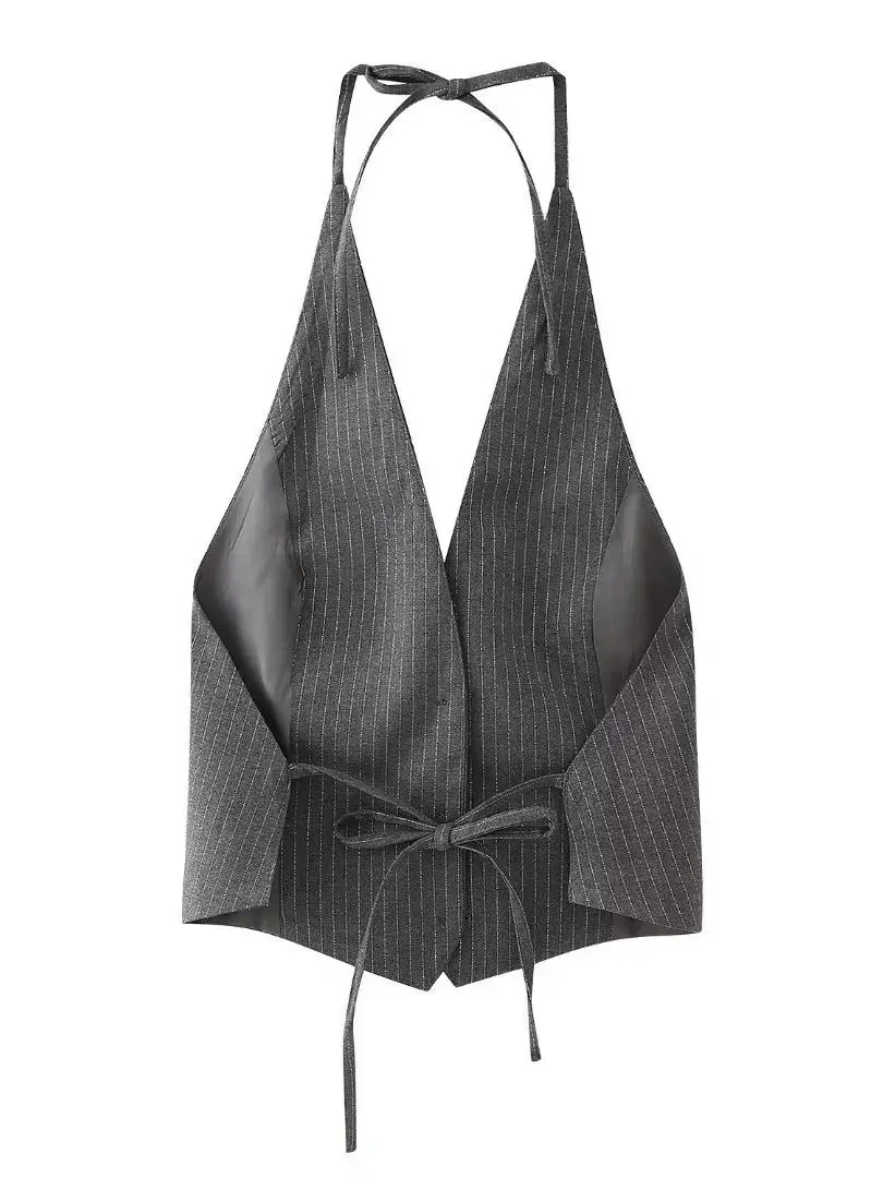 توب نسائي ضيق بياقة على شكل V وظهر مكشوف مخطط بدون أكمام قصير بلون واحد من البوليستر