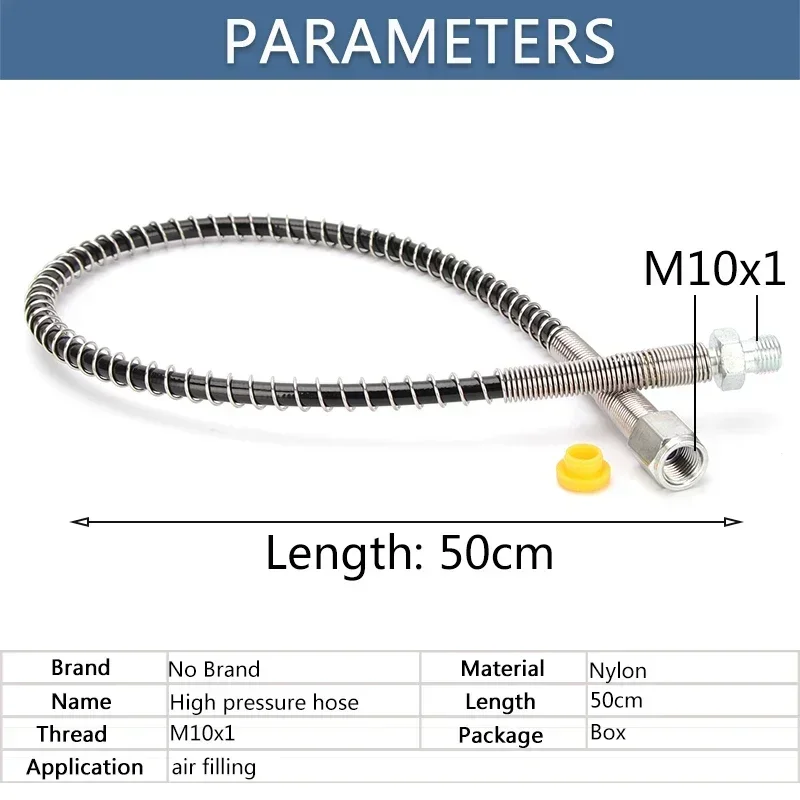 Selang nilon tekanan tinggi 50cm dengan pembungkus pegas M10x1 benang PCP pneumatik isi ulang udara 40Mpa 400Bar 6000psi bagian pompa udara