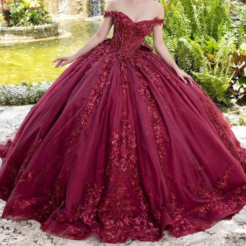 

Dark Red Sparkly Ball Gown Quinceanera Dresses Off the Shoulder Applique Lace Beading Crystal Bow Tull Corset Vestidos De 15Anos