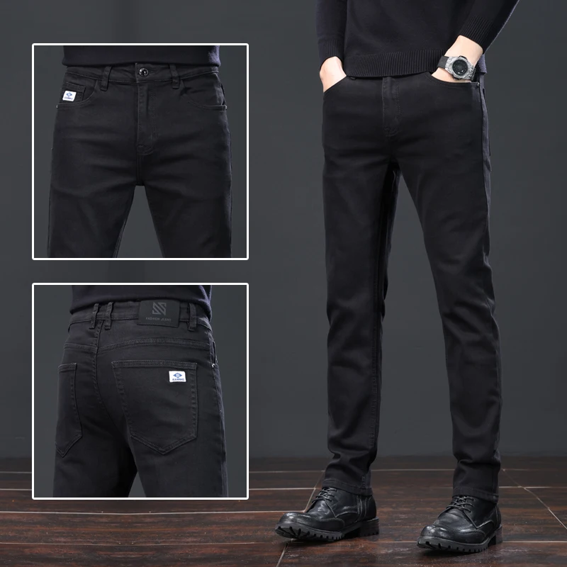 New Men's Fashion Jeans Elastic Waist Soft Stretch Denim Pants Slim Fit Straight Business Casual  Black Blue Brand Trousers