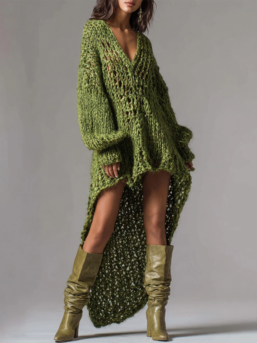 Geripptes Strickkleid mit V-Ausschnitt, ausgehöhlt, locker sitzender Minirock, asymmetrischer Saum, Street-Style, sexy, trendige Damenmode, Partykleider