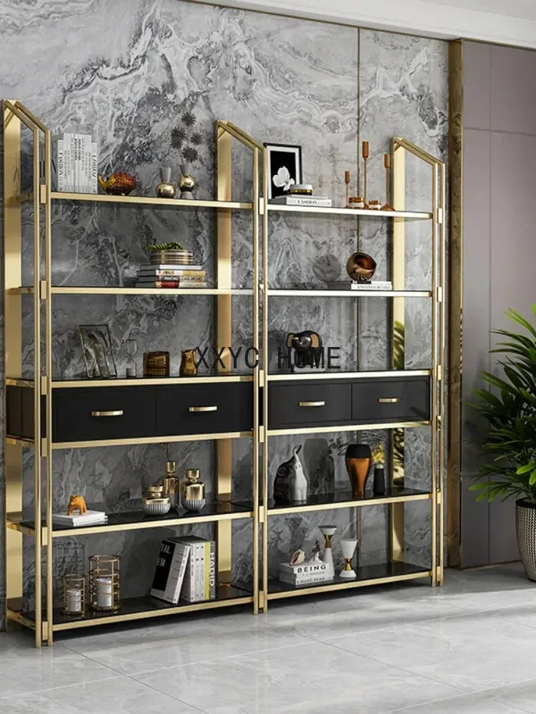 

Nordic Light Luxury Bookshelf Floor Shelf Living Room Golden Iron Display Rack