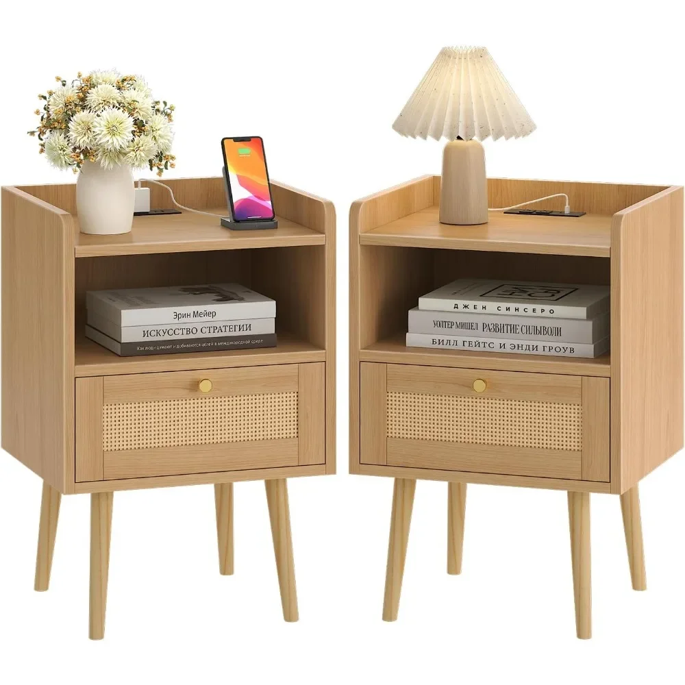 

Nightstands Set of 2, Bedside Tables with Charging Station, Rattan End Tables, for Farmhouse Bedroom Living Room, Nightstand