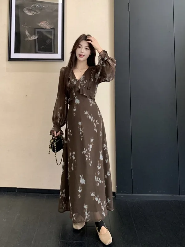 

plus Size Women's Vintage Long Sleeve V-Neck Dress with Lace Trim High Waist Slimming Summer New Style City Commute Friendly