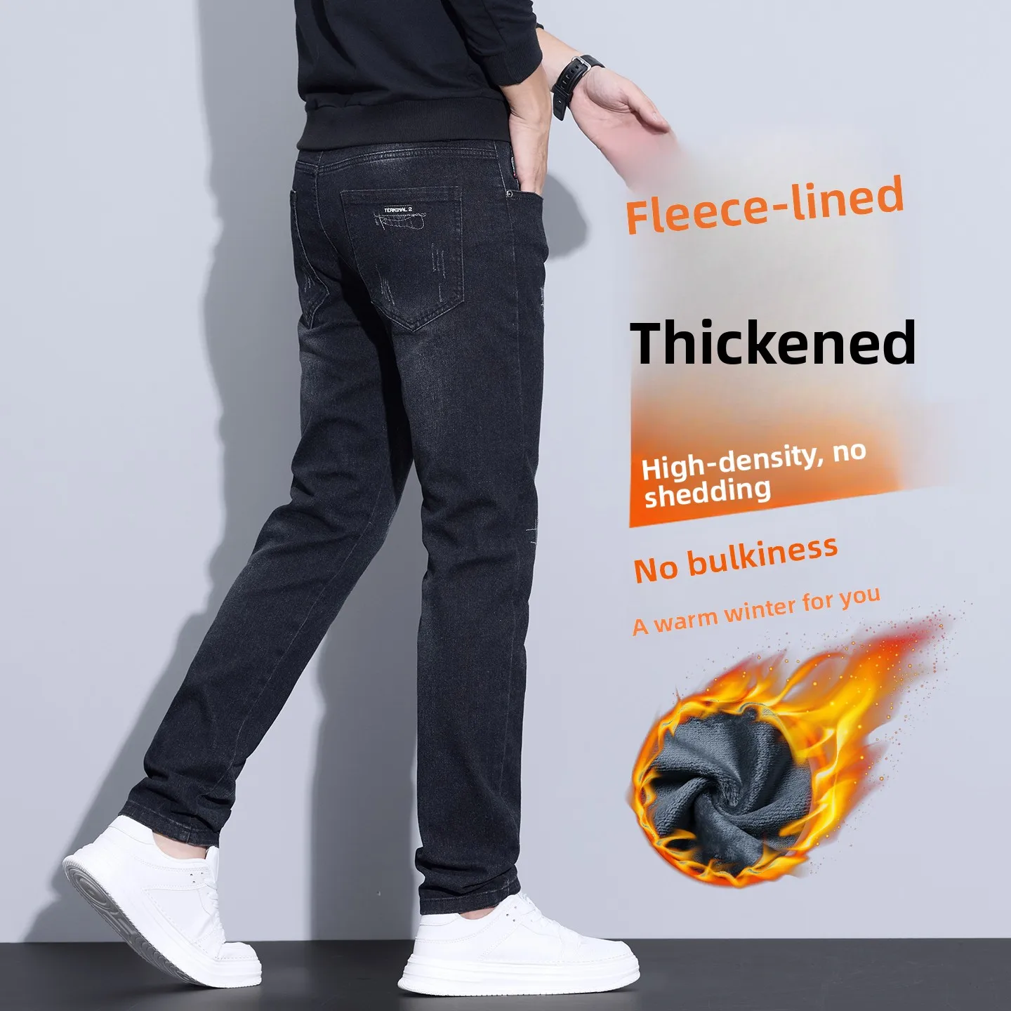 

Теплые джинсы из хлопка на подкладке, мужские джинсы с оригинальным хвостом, прямые брюки с шерстяным покрытием